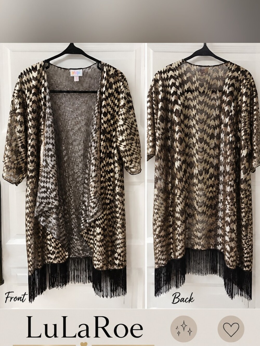 LuLaRoe Sheer Metallic Fringe Kimono Cardigan Geometric Print Small